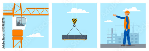 Construction site with builder and tower crane lifting a load. Vector illustration