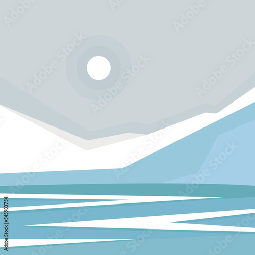 Vector illustration: Winter landscape with mountains, sun, river and snow. Geometric illustration. (ID: 545983754)