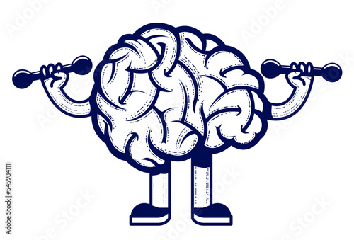 Brain with dumbbells in gym, intellect pumping, strong mind, vector