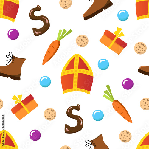 Simple bright colorful vector seamless pattern. Celebration of Saint Nicholas Day, Sinterklaas. Red miter, shoes, carrots, gifts and cookies on a white background.