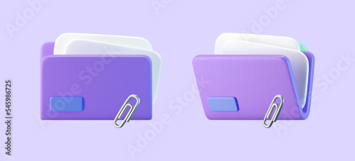 3d purple computer file folder icon with blank document and clip paper isolated on gray background. Render folder with paper for management file concept. 3d cartoon simple vector illustration.