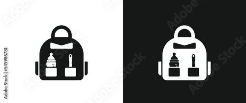 Baby bag flat icon for web. Simple baby care bag sign web icon silhouette with invert color. Minimalist mother bag with baby's stuff baby bottle, bottle brush solid black icon vector design