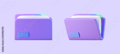 3d purple computer file folder icon with blank document isolated on gray background. Render folder with paper for management file concept. 3d cartoon simple vector illustration.