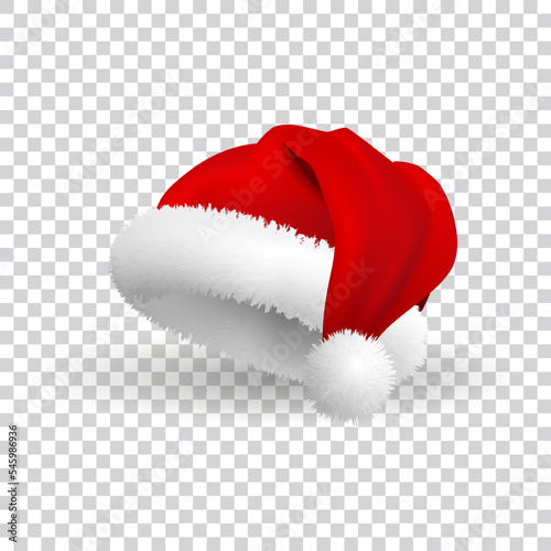 Santa Claus hat isolated on transparent background. Realistic Vector. 3d Illustration.
