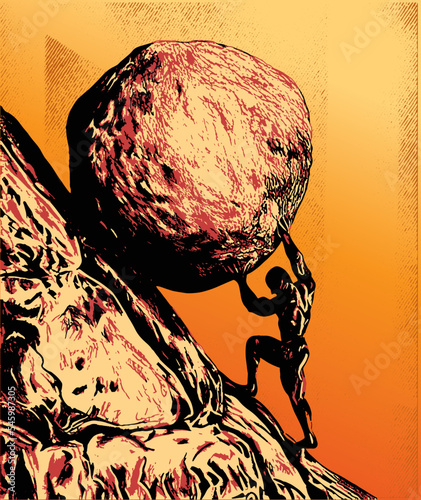 Sisyphus greek myth rolling a rock in a mountain. Guy worker strong figure climb carry goal photo