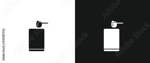 Baby milk powder flat icon for web. Simple powder milk in aluminium can measuring spoon or scoop sign web icon silhouette with invert color. Powdered milk formula canned solid black icon vector design