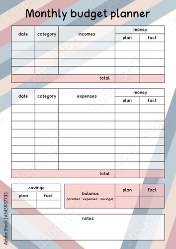 Budget planner monthly template page. Financial plan of incomes, expenses and savings in month. Money accounting for family or business. Vector flar minimalist printable blank