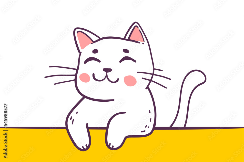 Vector illustration of happy cute cat character on white color background. Flat line art style design of smile animal cat Vector illustration of happy cute cat character on white color background. Flat line art style design of smile animal cat