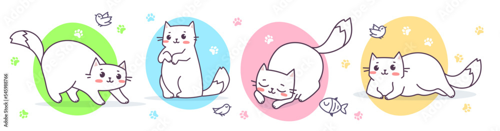 Vector set of illustration of happy cute cat character with bird and fish on color background. Flat line art style design of animal cat in different pose