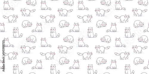 Vector illustration of happy cute cat character on white color background. Flat line art style design of seamless pattern with different cute animal cat