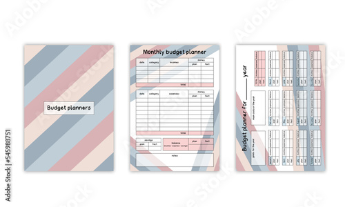 Budget planner book. Vector set of templates with financial plan of incomes, expenses and savings. Money accounting for family or business. Vector flat minimalist blank pages