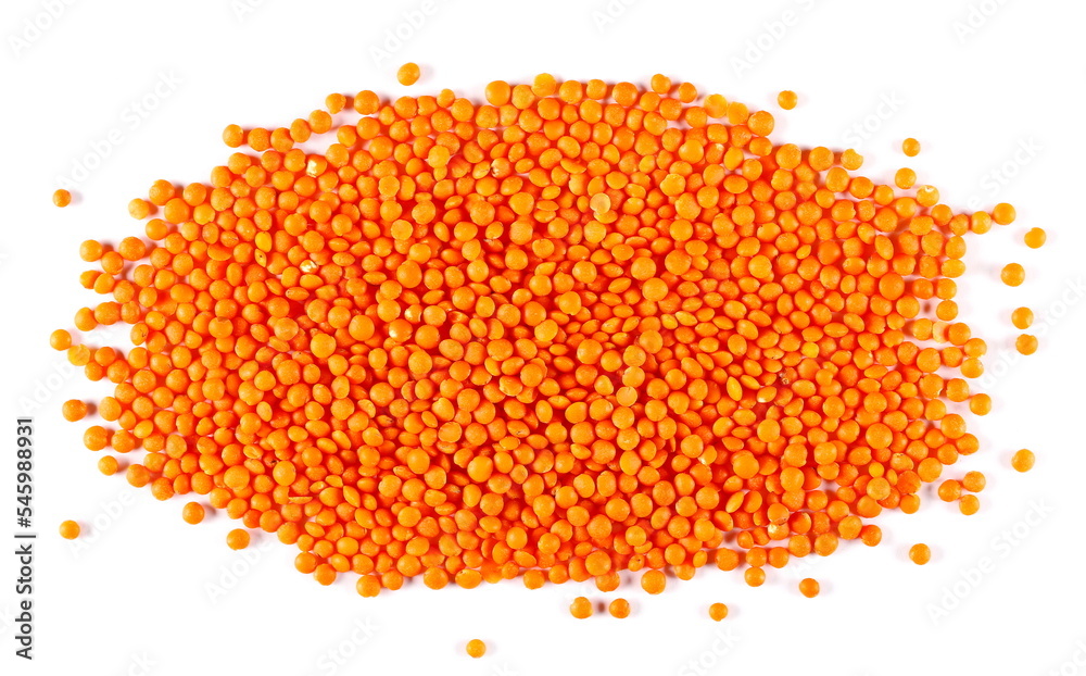 Pile red lentils isolated on white background, top view, clipping path 