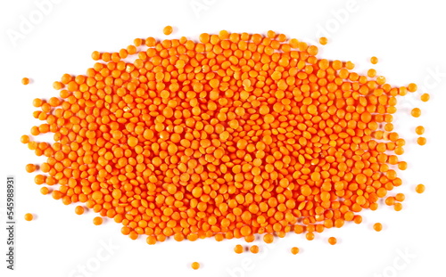 Pile red lentils isolated on white background, top view, clipping path 
