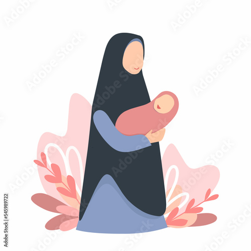 illustration of a Muslim mother wearing a hijab holding her cute baby 
