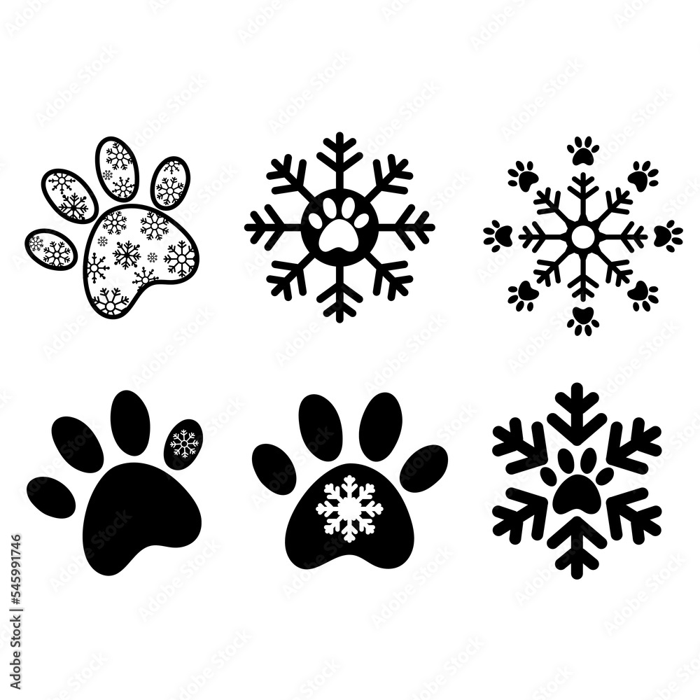 Set of snowflakes. Snowflake with dog paw print. Happy new year and merry Christmas illustration for pet lovers. Isolated on white background. Good for posters, t shirts, postcards. - obrazy, fototapety, plakaty 