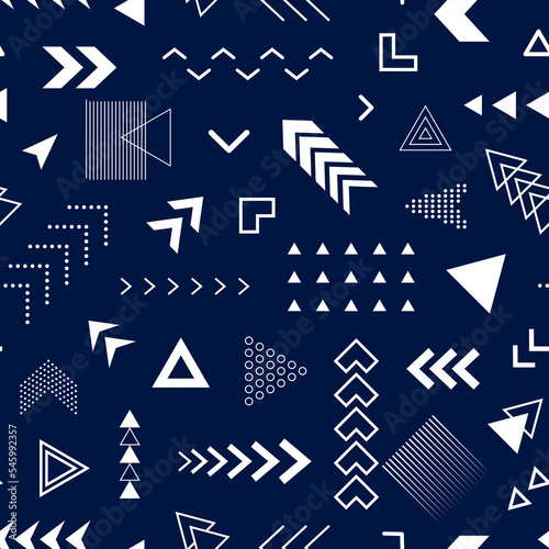 Geometric seamless pattern. Repeated abstract arrow background. Modern triangle memphis texture. Repeating contemporary geometry design for school prints. Repeat blue patern. Vector illustration