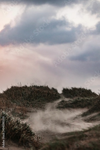 Vertical shot of flying sand over sand dunes with the cloudy sky in the background