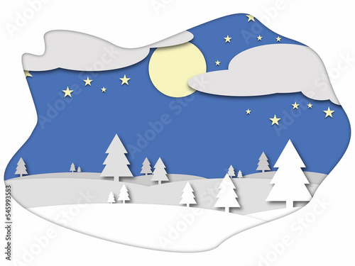 3D abstract background with paper cut shapes. Christmas landscape paper cut style