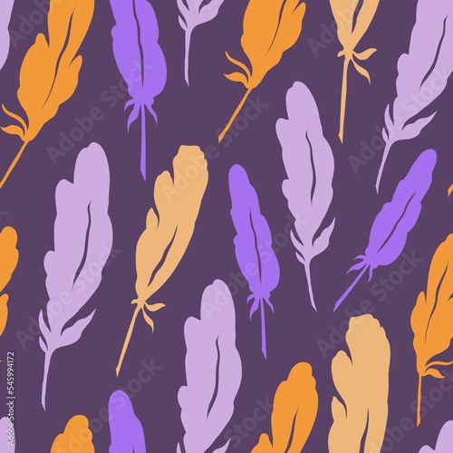 
Seamless pattern with feathers. Orange and lilac feathers on a purple background. Collage of silhouettes of stylized feathers.