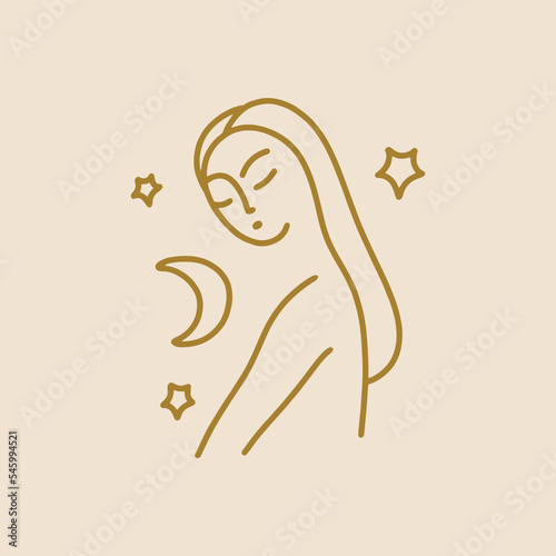 Boho sacred magic line art minimalist woman icon, modern abstract silhouette isolated on color background. Mystical flat art girl, symbol of holistic medicine, meditation, reiki, wellness, new age
