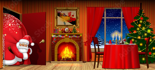 Santa Claus with big red sack enters the holiday room with fireplace, table, christmas tree and window with night winter landscape