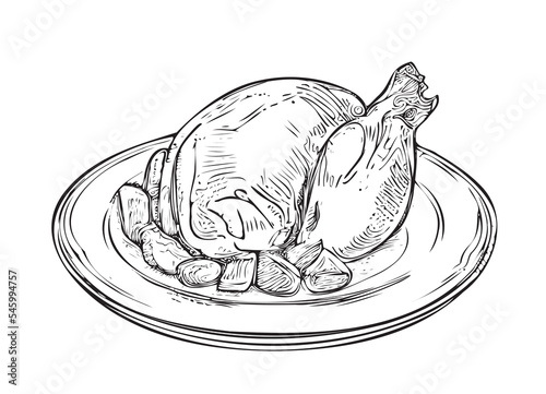 Roasted turkey simple hand drawn sketch engraving style vector illustration.