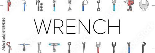 wrench tool spanner repair icons set vector