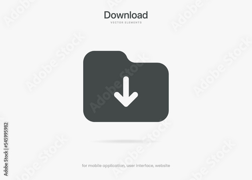 Flat minimal download icon button. Folder icon. Upload icon. Down arrow bottom side symbol. Click here button. Save cloud icon push button for UI UX, website, mobile application.