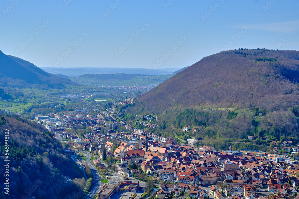 View from Michael's Chapel over the town of Bad Urach, Swabian Alb, Baden-Württemberg, Germany.