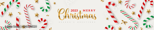 Merry Christmas New Year poster header with candy cane stick set, golden stars and confetti. Vector illustration. Brochure voucher cover, Xmas gift card concept template. Santa ornament banner