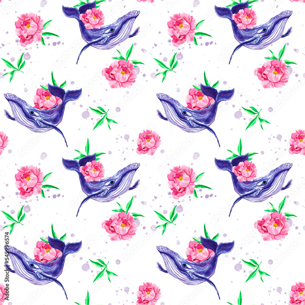 Fototapeta premium Hand drawn watercolor pattern of whales. Aquerl whale and peonies. Whale fabric print. Undersea world. Artistic Ocean. Sea creatures. Ocean. Sea. Home textiles.
