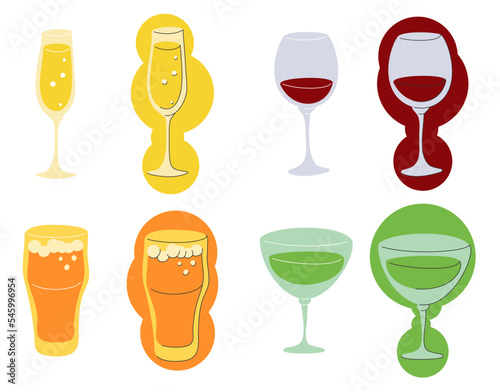 Champagne red wine beer vermouth glass on white background. Cartoon sketch graphic design. Flat style. Conditional colored hand drawn image. Party drink concept for restaurant, cafe. Freehand.