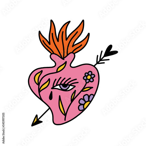 Bizarre Valentines day burning sacred heart modern abstract eye face. Groovy love emoji. Funky hippie mad weird 60s 70s sixties retro cartoon doodle style trendy fashion art. Illustration isolated on
