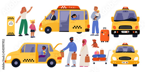 Cartoon people and taxi. Passengers call and wait for cars. Parents with children travel by automobile. Automatic calling. Driver helps with luggage. Travelers baggage. Garish vector set