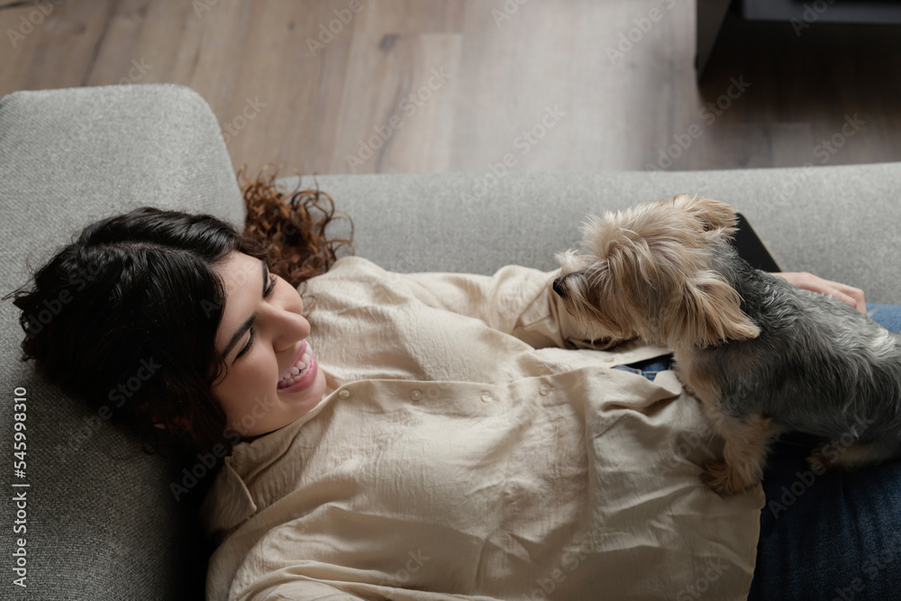 Woman playing with purebred dog on sofa Woman playing with purebred dog on sofa