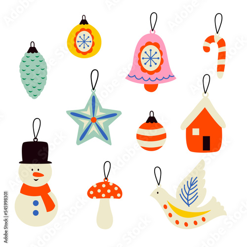 set of isolated vintage cute Christmas ornaments