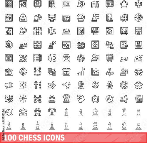 100 chess icons set. Outline illustration of 100 chess icons vector set isolated on white background