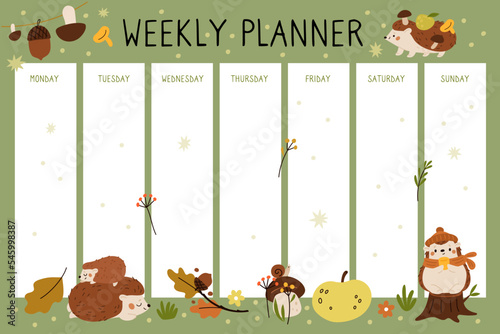 Cute hedgehogs lesson schedule. Funny kids weekly planner. Wildlife characters. Forest animals. School autumn season. Mammals with mushrooms. Timetable template. Garish vector concept