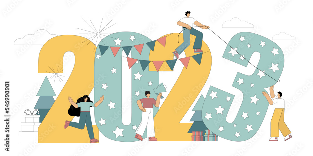Fototapeta premium Concept Happy New Year 2023. Vector flat illustration