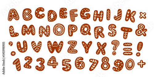 Ginger cookie alphabet. Cartoon gingerbread uppercase letters or numbers with sugar glaze patterns. Christmas biscuit font. Pastry typeface. Dessert symbols. Garish vector alphabetical set