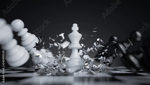 3d animation, chess game battle, white king chess piece jumps down, aggressive attack, all pawns fall down. Successful strategy, champion metaphor, leadership concept photo