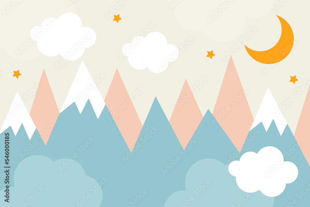 Mountains, moon and clouds in dusty pastel colors. For baby wallpapers, decor, web banners, posters. Vector illustration. Children's wallpaper. Hand drawn in scandinavian style. Mountain landscape. Mountains, moon and clouds in dusty pastel colors. For baby wallpapers, decor, web banners, posters. Vector illustration. Children's wallpaper. Hand drawn in scandinavian style. Mountain landscape.