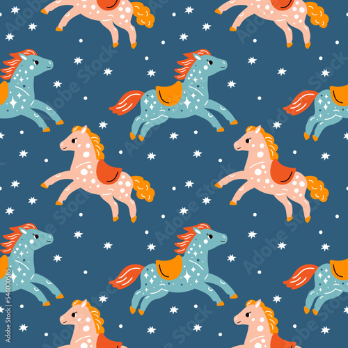 Seamless carousel horses pattern. Vintage funfair elements. Decorative animal figurines. Colorful ponies. Festival fair amusement. Galloping stallions with saddles. Garish vector background