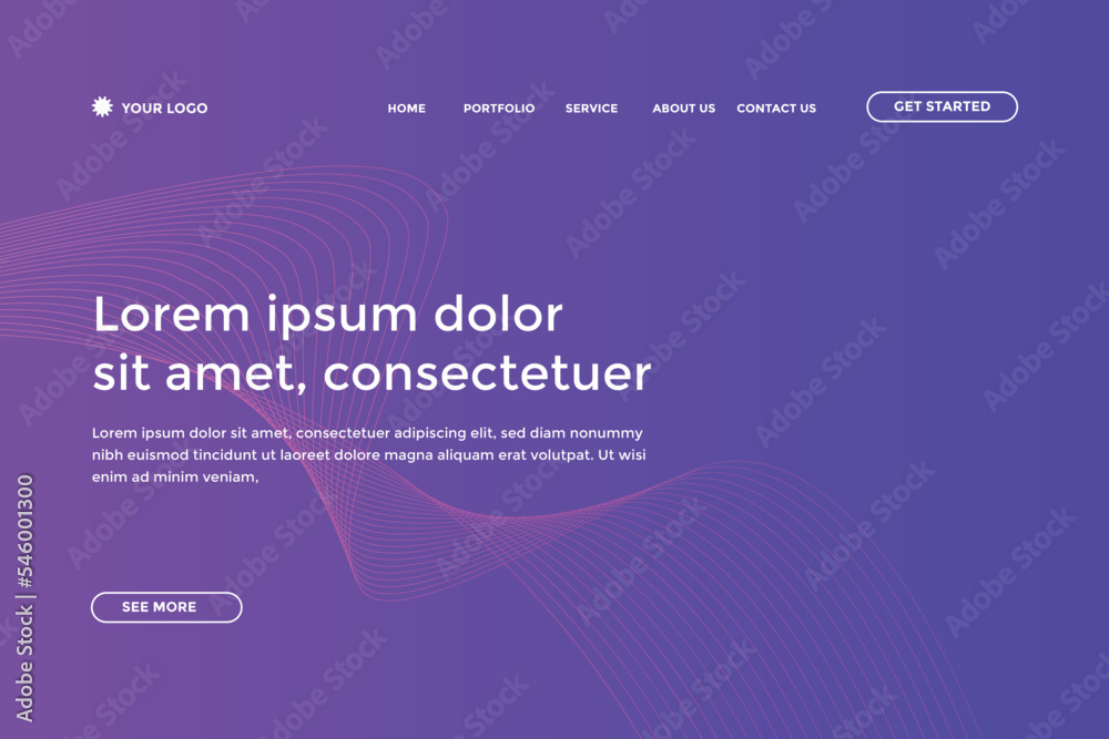 Abstract landing page with colorful wavy lines. Abstract gradient landing page design
