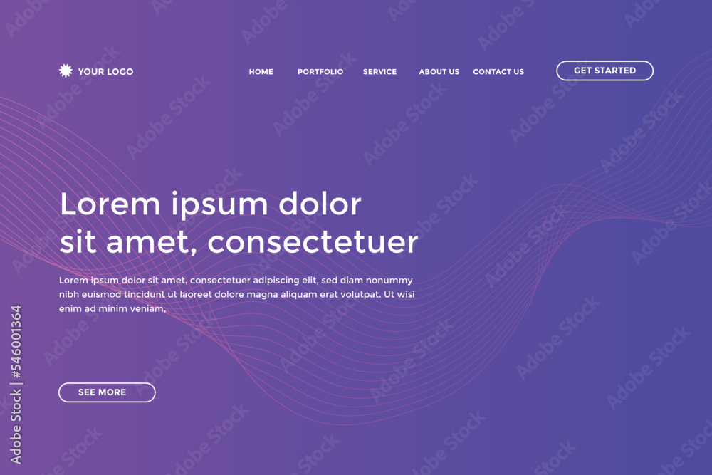 Abstract landing page with colorful wavy lines. Abstract gradient landing page design
