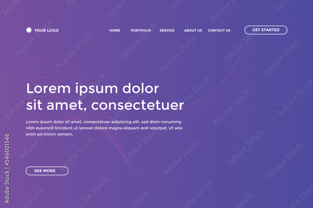 Abstract landing page with colorful wavy lines. Abstract gradient landing page design
