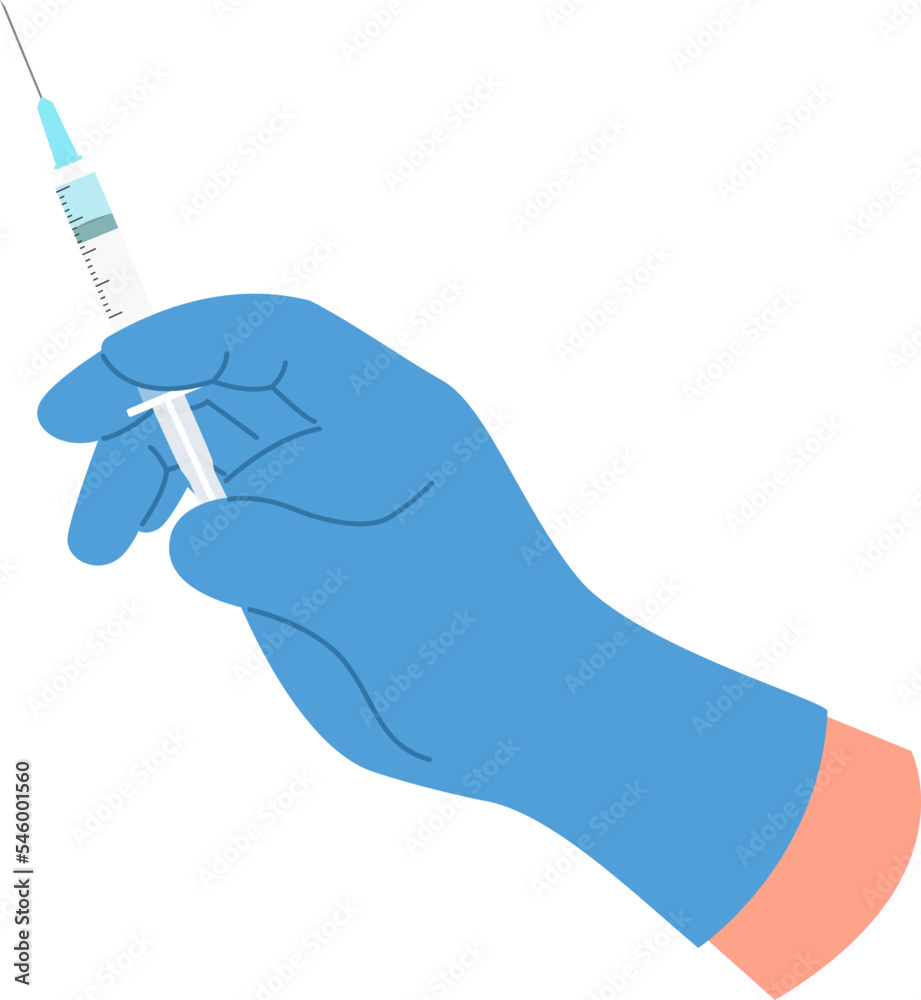 Syringe in medical hand. Vaccine shot in blue surgical glove palm Syringe in medical hand. Vaccine shot in blue surgical glove palm