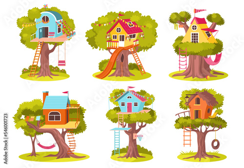 Tree house. Cute kids wooden buildings. Children adventure. Cozy lairs with ladders and swings. Fairytale little homes in plant branches. Playing park constructions. Splendid vector set