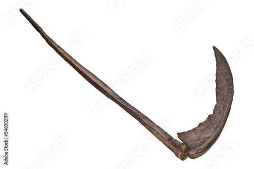 Ancient rusted brown metal scythe photo