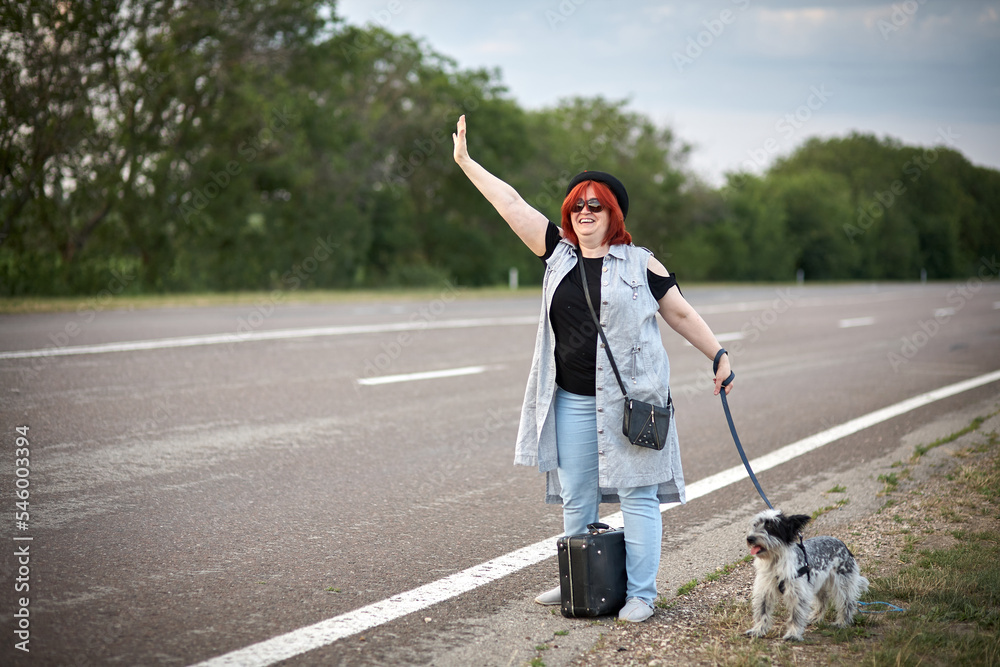 Womenon the road with dog stoped auto Womenon the road with dog stoped auto